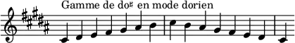  {
\override Score.TimeSignature #'stencil = ##f
\relative c' {
  \key cis \dorian
  \clef treble \time 7/4
  cis4^\markup { Gamme de do♯ en mode dorien } dis e fis gis ais b cis b ais gis fis e dis cis
} }
