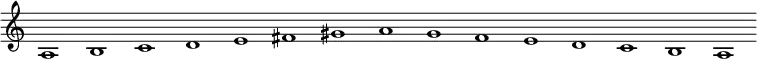\new Staff {
\relative c' {
\key a \minor
\override Staff.TimeSignature #'stencil = ##f
\override Staff.BarLine #'stencil = ##f
a1 b c d e fis gis a g f e d c b a
}
}
\midi {
\context {
\Score
tempoWholesPerMinute = #(ly:make-moment 120 1)
}
}