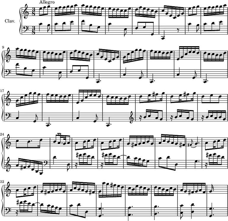 
\version "2.18.2"
\header {
  tagline = ##f
}

%% les petites notes
trillAqqp     = { \tag #'print { a16.\prall } \tag #'midi { \times 2/3 { a32 b a~ } a } }

upper = \relative c'' {
  \clef treble 
  \key c \major
  \time 3/8
  \tempo 4. = 64
  \set Staff.midiInstrument = #"harpsichord"

      s8*0^\markup{Allegro}
      \repeat unfold 2 { e8 f g | e16 f f g g a | a g g f f e | e d d c c e | d f e d c b | c g e c e g } | \repeat unfold 2 { g16 c e g g f |
      % ms. 14
      f16 e e d d e | e, g c e e d | d c c b b d } |
      % ms. 21
      \repeat unfold 2 { d8 e16 fis8 g16 } | d8 e d | c b8. d16 | b8 \trillAqqp g32 a8 | \repeat unfold 2 { a8 b16 c8 d16 } |
      % ms. 28
      g,16 fis g a b g | a c b a g fis | \appoggiatura fis8 g4. | \repeat unfold 2 { a8 b16 c8 d16 } | g,16 fis g a b g | a c b a g fis |
      % ms. 35
      g16 a' g fis e d | c b e d c b | d c b a c b | a g fis g a fis | g

}

lower = \relative c' {
  \clef bass
  \key c \major
  \time 3/8
  \set Staff.midiInstrument = #"harpsichord"

    % **************************************
      c4 b8 | c d e | f b, g | c4 e,8 | f g g, | c,4 r8 | c''4 b8 | c d e | f b, g | c4 e,8 f g g, | c,4. \repeat unfold 4 { c'4 g8 c,4. }
      % ms. 21
        \clef treble  \repeat unfold 2 { r16 b'''16 c a g8 } | r16 b c a b g | a fis g d b g |   \clef bass d'4 d,8 \repeat unfold 2 { r16 fis'16 g e d8~ } |
      % ms. 28
      d16 c b a g8 c d d,  | g4. | \repeat unfold 2 { r16 fis'16 g e d8~ } | d16 c b a g8 c d d,  |
      % ms. 35
      < g, g' >4. < a a' > < b b' > < c c' >8 < d d' >4 | < g, g' >4.

}

thePianoStaff = \new PianoStaff <<
    \set PianoStaff.instrumentName = #"Clav."
    \new Staff = "upper" \upper
    \new Staff = "lower" \lower
  >>

\score {
  \keepWithTag #'print \thePianoStaff
  \layout {
      #(layout-set-staff-size 17)
    \context {
      \Score
     \override SpacingSpanner.common-shortest-duration = #(ly:make-moment 1/2)
      \remove "Metronome_mark_engraver"
    }
  }
}

\score {
  \keepWithTag #'midi \thePianoStaff
  \midi { }
}
