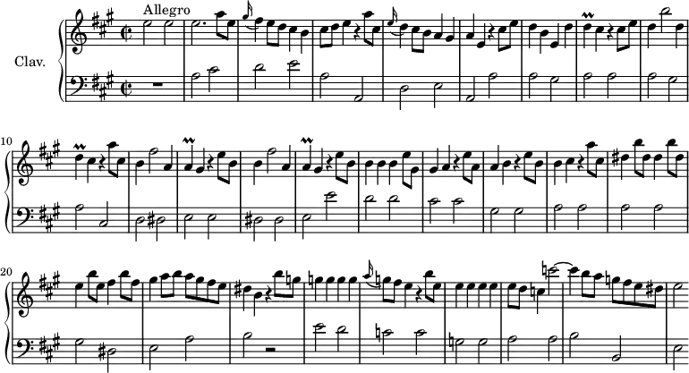 \version "2.18.2"
\header {
tagline = ##f
}
%% les petites notes
trillD = { \tag #'print { d4\prall } \tag #'midi { e16 d e d } }
trillA = { \tag #'print { a4\prall } \tag #'midi { b16 a b a } }
upper = \relative c'' {
\clef treble
\key a \major
\time 2/2
\tempo 2 = 90
\set Staff.midiInstrument = #"harpsichord"
e2^\markup{Allegro} e | e2. a8 e | \appoggiatura gis16 fis4 e8 d cis4 b | cis8 d e4 r4 a8 cis, |
% ms. 5
\appoggiatura e16 d4 cis8 b a4 gis | a e r4 cis'8 e | d4 b e, d' | \trillD cis4 r4 cis8 e | d4 b'2 d,4 |
% ms. 10
\trillD cis4 r4 a'8 cis, | b4 fis'2 a,4 | \trillA gis4 r4 e'8 b | b4 fis'2 a,4 | \trillA gis4 r4 e'8 b |
% ms. 15
b4 b b e8 gis, | gis4 a r4 e'8 a, | a4 b r4 e8 b | b4 cis r4 a'8 cis, |
% ms. 19
dis4 b'8 dis, dis4 b'8 dis, | e4 b'8 e, fis4 b8 fis | gis4 a8 b a gis fis e | dis4 b r4 b'8 g |
% ms. 23
g4 g g g | \appoggiatura a16 g8 fis e4 r4 b'8 e, | e4 e e e | e8 d c4 c'2~ | c4 b8 a g fis e dis |
% ms. 28
e2
}
lower = \relative c' {
\clef bass
\key a \major
\time 2/2
\set Staff.midiInstrument = #"harpsichord"
% **************************************
R1 | a2 cis | d e | a, a, | d e | \tempo 2 = 85 a, \tempo 2 = 90 a' | a gis | a a | a gis | a cis, | d dis | e e | dis dis | \tempo 2 = 85 e \tempo 2 = 90 e' | d d | cis cis | gis gis | a a |
% ms. 19
a2 a | gis dis | e a | b r2 | e d | c c | g g | a a | b b, | e % e | e' d | c c | c r2
}
thePianoStaff = \new PianoStaff <<
\set PianoStaff.instrumentName = #"Clav."
\new Staff = "upper" \upper
\new Staff = "lower" \lower
>>
\score {
\keepWithTag #'print \thePianoStaff
\layout {
#(layout-set-staff-size 17)
\context {
\Score
\override SpacingSpanner.common-shortest-duration = #(ly:make-moment 1/2)
\remove "Metronome_mark_engraver"
}
}
}
\score {
\keepWithTag #'midi \thePianoStaff
\midi { }
}