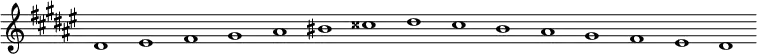 \new Staff {
\relative c' {
\key dis \minor
\override Staff.TimeSignature #'stencil = ##f
\override Staff.BarLine #'stencil = ##f
dis1 eis fis gis ais bis cisis dis cis b ais gis fis eis dis
}
}
\midi {
\context {
\Score
tempoWholesPerMinute = #(ly:make-moment 120 1)
}
}