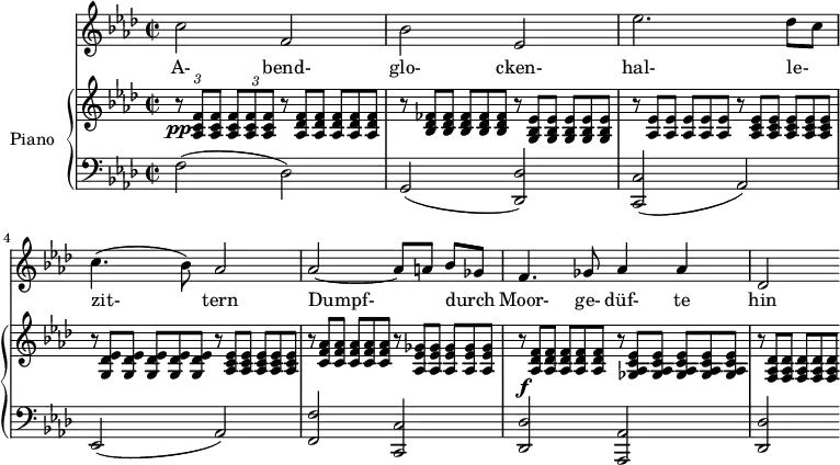 
\version "2.18.2"
\header {
  tagline = ##f
}
%%%% Schubert, Der Herbstabend / début


%%%%%% VOIX %%%%%
melody = \relative c'' {
  \clef treble
  \key f \minor
  \time 2/2
  \tempo 4 = 72
  \override TupletBracket #'bracket-visibility = ##f

   c2 f, bes ees, ees'2. des8[ c] c4.( bes8) aes2 
   aes2~ aes8[ a] bes[ ges] | f4. ges8 aes4 aes des,2 
   
}

text = \lyricmode {
  A- bend- glo- cken- hal- le- zit- tern Dumpf- durch Moor- ge- düf- te hin ;
}

   %%%%%% PIANO %%%%%
upper = \relative c' {
  \clef treble
  \key f \minor
  \time 2/2  \override TupletBracket #'bracket-visibility = ##f 

   % ms. 1
   \times 2/3 { r8\pp < aes c f >8 q } \times 2/3 { < aes c f >8[ q q] } \omit TupletNumber  
   \times 2/3 { r8 < aes des f >8 q } \times 2/3 { < aes des f >8[ q q] } |
   % ms. 2
   \times 2/3 { r8 < bes des fes >8 q } \times 2/3 { < bes des fes >8[ q q] }  
   \times 2/3 { r8 < g bes ees >8 q } \times 2/3 { < g bes ees >8[ q q] } | 
   % ms. 3
   \times 2/3 { r8 < aes ees' >8 q } \times 2/3 { < aes ees' >8[ q q] }  
   \times 2/3 { r8 < aes c ees >8 q } \times 2/3 { < aes c ees >8[ q q] } | 
   % ms. 4
   \times 2/3 { r8 < g des' ees >8 q } \times 2/3 { < g des' ees >8[ q q] }  
   \times 2/3 { r8 < aes c ees >8 q } \times 2/3 { < aes c ees >8[ q q] } | 
   % ms. 5
   \times 2/3 { r8 < c f aes >8 q } \times 2/3 { < c f aes >8[ q q] }  
   \times 2/3 { r8 < aes ees' ges >8 q } \times 2/3 { < aes ees' ges >8[ q q] } | 
   % ms. 6
   \times 2/3 { r8\f < aes des f >8 q } \times 2/3 { < aes des f >8[ q q] }  
   \times 2/3 { r8 < ges aes c ees >8 q } \times 2/3 { < ges aes c ees >8[ q q] } | 

   \times 2/3 { r8 < f aes des >8 q } \times 2/3 { < f aes des >8[ q q] } | 

}

lower = \relative c {
  \clef bass
  \key f \minor
  \time 2/2

   f2( des) g,( < des' des, >) < c c,>( aes) ees( aes) | < f' f, > < c c,>\crescTextCresc < des des,> < aes aes, > < des des,>

}

\score {
  <<
    \new Voice = "mel" { \autoBeamOff \melody }
    \new Lyrics \lyricsto mel \text
    \new PianoStaff <<
    \set PianoStaff.instrumentName = #"Piano"
      \new Staff = "upper" \upper
      \new Staff = "lower" \lower
    >>
  >>
  \layout {
    \context { \Staff \RemoveEmptyStaves }
     \context { \Score \remove "Metronome_mark_engraver" 
     \override SpacingSpanner.common-shortest-duration = #(ly:make-moment 1/3)
     }
  }
  \midi { }
}
