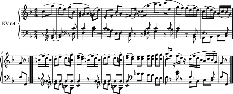 \version "2.18.2"
\header {
tagline = ##f
}
upper =
\relative c'' {
\clef treble
\key f \major
\time 2/4
\tempo 2 = 60
\tempo "Thema"
\set Staff.midiInstrument = #"piano"
\repeat volta 2 {
\partial4 c8 (a'
f e) g (bes,
gis a) g (d')
e,-. f-. bes-. a-.
fis (g16) r16 c8 (a'
c bes) d (e,
g f) f16 (d f d)
c (f d bes) a (c bes g)
f8 r8
}
\repeat volta 2 {
b16 (f' d b)
c8-. e-. d-. <b g'>-.
<d f> (<c e>) b16 (f' d b)
d8-. e-. d-. <b g'>-.
<d f> (<c e>) <c e> <c e>
<c f> <c f> <c g'> <c g'>
<<\relative c'' {\stemDown c4} \\ \relative c'' {\stemUp a'8 (f16) r}>> f8 (d16) r
c16 (f d bes a c bes g)
f8 r
}
}
lower = \relative c{
\clef bass
\key f \major
\time 2/4
\set Staff.midiInstrument = #"piano"
\repeat volta 2 {
\partial4 r8 \clef treble <f' a>8
(<g bes>4) \clef bass r8
<< \relative c {\stemDown e8 f4 bes 4 _(bes8) a e f c} \\ \relative c {\stemUp c'8 c4 d4 c2 e,8}>>
r8 r8
<< \relative c {\stemDown fis8 g4} \\ \relative c {\stemUp c'8 c4}>>
r8
<<\relative c {\stemDown bes'8 a4} \\ \relative c {\stemUp c'8 c4}>>
r8
<< \relative c {\stemDown bes8 a bes c c} \\ \relative c {\stemUp d f4. e8}>>
f,8 f,
}
\repeat volta 2 {
r8 \clef treble
<<\relative c {\stemDown f'8 e d b g c4} \\ \relative c {\stemUp g''8 (g) g g g g4}>> r8
<<\relative c {\stemDown f'8 e d b g c4} \\ \relative c {\stemUp g''8 (g) g g g g4}>> \clef bass
bes'!8 bes a a e e f r <bes d> r
<<\relative c {\stemDown a8 bes c c} \\ \relative c {\stemUp f4. e8}>>
f f,
}
}
\score {
\new PianoStaff <<
\set PianoStaff.instrumentName = #"KV 54"
\new Staff = "upper" \upper
\new Staff = "lower" \lower
>>
\layout {
\context {
\Score
\remove "Metronome_mark_engraver"
}
}
\midi { }
}
