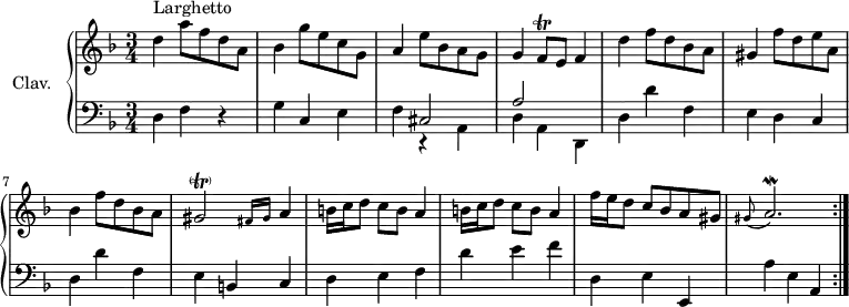 \version "2.18.2"
\header {
tagline = ##f
}
%% les petites notes
trillFq = { \tag #'print { f8\trill } \tag #'midi { g32 f g f } }
trillGetGrace = { \tag #'print { gis2-\parenthesize\trill \grace { fis16 gis } a4 } \tag #'midi { a32 gis a gis a gis~ gis16~ gis8. fis32 gis a4 } }
trillGisAppo = { \tag #'print { \appoggiatura gis8 a2.\mordent } \tag #'midi { gis2 a32 gis a16~ \tempo 4 = 25 a8 \tempo 4 = 80 } }
upper = \relative c'' {
\clef treble
\key d \minor
\time 3/4
\tempo 4 = 80
\set Staff.midiInstrument = #"harpsichord"
\repeat volta 2 {
s8*0^\markup{Larghetto} d4 a'8 f d a | bes4 g'8 e c g | a4 e'8 bes a g | g4 \trillFq e8 \tempo 4 = 45 f4 | \tempo 4 = 80 d'4 f8 d bes a |
% ms. 6
gis4 f'8 d e a, | bes4 f'8 d bes a | \trillGetGrace | \repeat unfold 2 { b16 c d8 c8 b a4 } |
% ms. 11
f'16 e d8 c bes a gis | \trillGisAppo }%répet
}
lower = \relative c {
\clef bass
\key d \minor
\time 3/4
\set Staff.midiInstrument = #"harpsichord"
\repeat volta 2 {
% **************************************
d4 f r4 | g c, e | f << { cis2 | a' } \\ { r4 a, | d a d, } >> d' d' f, |
% ms. 6
e4 d c | d d' f, | e b c | d e f | d' e f |
% ms. 11
d,4 e e, | a' e a, }% faire la seconde partie !
}
thePianoStaff = \new PianoStaff <<
\set PianoStaff.instrumentName = #"Clav."
\new Staff = "upper" \upper
\new Staff = "lower" \lower
>>
\score {
\keepWithTag #'print \thePianoStaff
\layout {
#(layout-set-staff-size 17)
\context {
\Score
\override SpacingSpanner.common-shortest-duration = #(ly:make-moment 1/2)
\remove "Metronome_mark_engraver"
}
}
}
\score {
\unfoldRepeats
\keepWithTag #'midi \thePianoStaff
\midi { }
}