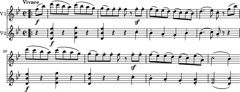 \version "2.18.2"
<<
\new Staff \with { instrumentName = #"V1"}
\relative c'' {
\key bes \major
\time 2/2
\tempo "Vivace"
\tempo 4 = 200
\set Score.currentBarNumber = #24
\bar ".|:"
\partial 4 f8 \f (bes) d (c bes a) c (bes a g)
g (f) f-. f-. f r f-.\sf f-.
f (ees) ees (d) d (c) c (bes)
d4. (ees8) c-. r f (bes) d (c bes a) c (bes a g)
g (f) f-. f-. f r f-.\sf f-.
f (ees) ees (d) d (c) ees (a,)
c2 (bes4-.)
}
\new Staff \with { instrumentName = #"V2"}
\relative c' {
\key bes \major
\time 2/2
\bar ".|:"
\partial 4 r4
<d bes' f'>4\f r <ees bes' g'> r
<d bes' f'> r r c'-.
bes-. a-. g-. bes-.
bes4. (c8) a-. r r4
<d, bes' f'>4\f r <ees bes' g'> r
<d bes' f'> r r c'-.
bes-. a-. g-. <ees a>-.
<ees a>2 (<d bes'>4-.)
}
>>