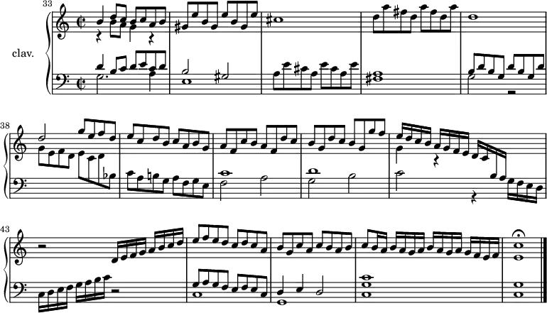 
\version "2.18.2"
\header {
  tagline=##f
}
upper=\relative c'' {
  \clef treble
  \key c \major
  \time 2/2
  \tempo 2=92
  \set Score.currentBarNumber=#33
  \bar ""

  << { b4 d8 c b c a b gis e' b gis e' b gis e' } \\ { r4 b8 a g4 r4 } >>
  cis1 d8 a' fis d a' fis d a'|d,1 \stemUp d2 g8 e f d e c d b  c a b g|a f c' b  a f d' c|b g d' c  b g g' f|
  << { \tempo 2=96 e16[ d c b] a[ g f e] d[ c \change Staff="lower" b a] } \\ { g'4 r4 } >>
   \tempo 2=90 s4 r2 d16[ e f g]  a b c d|e8 f e d c d c a|b g c a  c b a b|\tempo 2=85 c8 b16 a \repeat unfold 2 { b16[ a g a] } g f \tempo 2=50 e f|< e c' >1\fermata \bar "|."

}

lower=\relative c' {
  \clef bass
  \key c \major
  \time 2/2

  << { d4 b8 c d e c d|b2 gis } \\ { g2. a4|e1 } >>
  a8 e' cis a e' cis a e'
  << { a,1|b8 d b g d' b g d' \stemDown \change Staff="upper" g8 e f d  e c d \change Staff="lower" bes8 } \\ { fis1|g2 r2 } >>
  c8 a b! g a f g e 
  << { c'1 d  } \\ { f,2 a g b c r4 g16 f e d } >>
  \tempo 2=110 c16[ d e f] g a b c r2 
  << { \tempo 2=90 g8[ a g f]  e f e c  d4 e d2|c'1 } \\ { c,1|g|< c g' >1|q } >>
   
}

\score {
  \new PianoStaff <<
    \set PianoStaff.instrumentName=#"clav."
    \new Staff="upper" \upper
    \new Staff="lower" \lower
  >>
  \layout {
      #(layout-set-staff-size 17)
    \context {
      \Score
      \override SpacingSpanner.common-shortest-duration=#(ly:make-moment 1/2)
      \remove "Metronome_mark_engraver"
    }
  }
  \midi { \set Staff.midiInstrument=#"harpsichord" }
}
