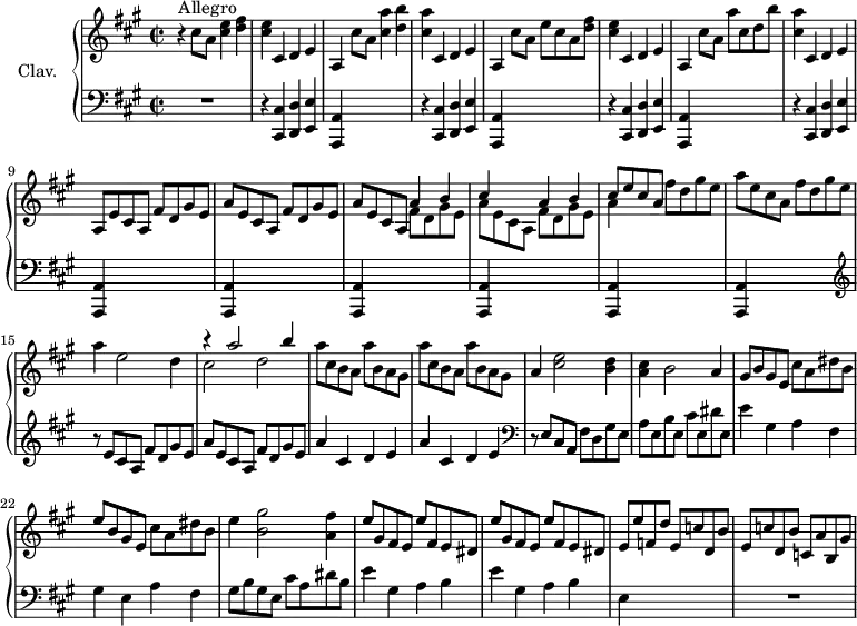 \version "2.18.2"
\header {
tagline = ##f
}
upper = \relative c'' {
\clef treble
\key a \major
\time 2/2
\tempo 2 = 98
\set Staff.midiInstrument = #"harpsichord"
r4^\markup{Allegro} cis8 a < cis e >4 < d fis > | < cis e > cis, d e | a, cis'8 a < cis a' >4 < d b' > | < cis a' > cis, d e | a, cis'8 a e' cis a < d fis >
% ms. 6
< cis e >4 cis, d e | a, cis'8 a a' cis, d b' | < cis, a' >4 cis, d e | a,8 e' cis a fis' d gis e | a e cis a fis' d gis e |
% ms. 11
a8 e cis a << { a'4 b | cis s4 a b | cis8 e cis a } \\ { fis8 d gis e | a e cis a fis' d gis e | a4 } >> fis'8 d gis e | a e cis a fis' d gis e |
% ms. 15
a4 e2 d4 | << { r4 a'2 b4 } \\ { cis,2 d } >> \repeat unfold 2 { a'8 cis, b a a' b, a gis } |
% ms. 19
a4 < cis e >2 < b d >4 | < a cis >4 b2 a4 | gis8 b gis e cis' a dis b | e b gis e cis' a dis b |
% ms. 23
e4 < b gis' >2 < a fis' >4 | \repeat unfold 2 { e'8 gis, fis e e' fis, e dis } e e' f, d' e, c' d, b' |
% ms. 27
e, c' d, b' c, a' b, gis'
}
lower = \relative c {
\clef bass
\key a \major
\time 2/2
\set Staff.midiInstrument = #"harpsichord"
% **************************************
R1 | \repeat unfold 4 { r4 < cis, cis' >4 < d d' > < e e' > < a, a' > s2. } | \repeat unfold 5 { < a a' >4 s2. } |
% ms. 15
\clef treble r8 e'''8 cis a fis' d gis e | a e8 cis a fis' d gis e | \repeat unfold 2 { a4 cis, d e } |
% ms. 19
\clef bass r8 e,8 cis a fis' d gis e | a e b' e, cis' e, dis' e, | e'4 gis, a fis | gis e a fis |
% ms. 23
gis8 b gis e cis' a dis b | e4 gis, a b | e gis, a b | e, s2. | R1
}
thePianoStaff = \new PianoStaff <<
\set PianoStaff.instrumentName = #"Clav."
\new Staff = "upper" \upper
\new Staff = "lower" \lower
>>
\score {
\keepWithTag #'print \thePianoStaff
\layout {
#(layout-set-staff-size 17)
\context {
\Score
\override SpacingSpanner.common-shortest-duration = #(ly:make-moment 1/2)
\remove "Metronome_mark_engraver"
}
}
}
\score {
\keepWithTag #'midi \thePianoStaff
\midi { }
}