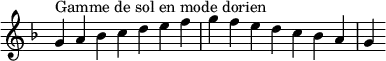  {
\override Score.TimeSignature #'stencil = ##f
\relative c'' {
  \key g \dorian
  \clef treble \time 7/4
  g4^\markup { Gamme de sol en mode dorien } a bes c d e f g f e d c bes a g
} }
