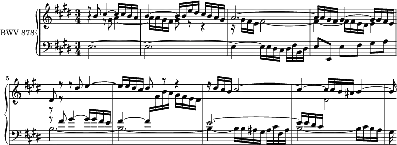 
\version "2.18.2"
\header {
  tagline = ##f
}

upper = \relative c'' {
  \clef treble 
  \key e \major
  \time 3/4
  \tempo 4 = 60
  \set Staff.midiInstrument = #"harpsichord" 

   %% PRÉLUDE CBT II-9, BWV 878, mi majeur
   << { r8 b8 cis4~ cis16 cis b a | b4~ b16 b e dis cis b a gis a2.~ a16 a gis fis gis4~ gis16 gis fis e dis8 r8 r8 dis'8 e4~ e16 e dis cis dis8 r8 r4 r16 dis16 cis b cis2~ cis4~ cis16 cis b ais b4~ b16 } \\ { a4\rest f8\rest \stemDown gis8 a4_~ a16 a gis fis gis8 r8 r4 r16 gis fis e fis2~ fis4~ fis16 fis e dis e4 r8 r8 } >>
   
}

lower = \relative c {
  \clef bass 
  \key e \major
  \time 3/4
  \set Staff.midiInstrument = #"harpsichord" 
  
    e2.~ e~ e4~ e16 e dis cis dis fis b, dis | e8 e, e'[ fis] gis a |
    << { r8 fis'8 gis4~ gis16 gis fis e fis4~ fis16 \stemDown \change Staff = "upper" fis16 b a gis fis e dis \change Staff = "lower" \stemUp e2.~ e16 e dis cis \stemDown \change Staff = "upper" dis2 \change Staff = "lower" } \\ { b2.~ b~ b4~ b16 b ais gis ais cis fis, ais b2~ b16 cis b a gis16 } >>
} 

\score {
  \new PianoStaff <<
    \set PianoStaff.instrumentName = #"BWV 878"
    \new Staff = "upper" \upper
    \new Staff = "lower" \lower
  >>
  \layout {
    \context {
      \Score
      \remove "Metronome_mark_engraver"
      \override SpacingSpanner.common-shortest-duration = #(ly:make-moment 1/2)
    }
  }
  \midi { }
}
