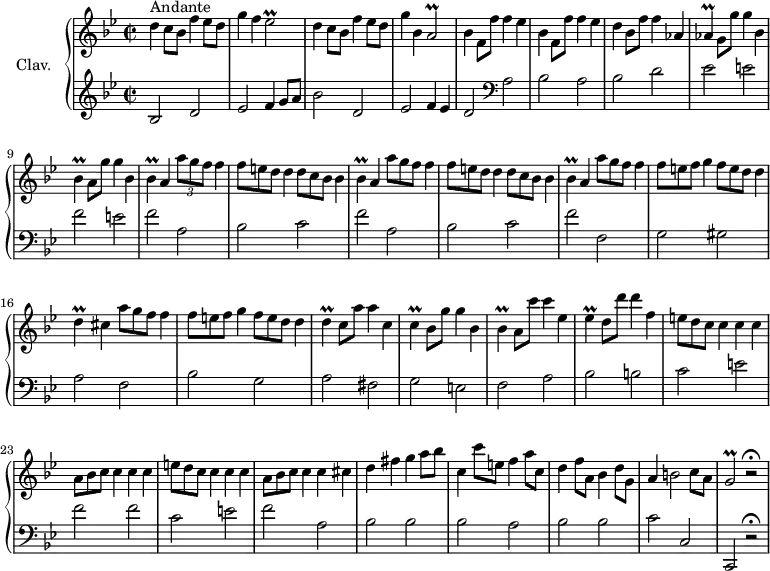 \version "2.18.2"
\header {
tagline = ##f
% composer = "Domenico Scarlatti"
% opus = "K. 310"
% meter = "Andante"
}
%% les petites notes
trillEesb = { \tag #'print { ees2\prall } \tag #'midi { f32 ees f ees~ ees8~ ees4 } }
trillAb = { \tag #'print { a2\prall } \tag #'midi { bes32 a bes a~ a8~ a4 } }
trillAes = { \tag #'print { aes4\prall } \tag #'midi { bes32 aes bes aes~ aes8 } }
trillBes = { \tag #'print { bes4\prall } \tag #'midi { c32 bes c bes~ bes8 } }
trillEes = { \tag #'print { ees4\prall } \tag #'midi { f32 ees f ees~ ees8 } }
trillC = { \tag #'print { c4\prall } \tag #'midi { d32 c d c~ c8 } }
trillD = { \tag #'print { d4\prall } \tag #'midi { e32 d e d~ d8 } }
trillGb = { \tag #'print { g2\prall } \tag #'midi { a32 g a g~ g8~ g4 } }
upper = \relative c'' {
\clef treble
\key bes \major
\time 2/2
\tempo 2 = 72
\set Staff.midiInstrument = #"harpsichord"
\override TupletBracket.bracket-visibility = ##f
s8*0^\markup{Andante}
d4 c8 bes f'4 ees8 d | g4 f \trillEesb | d4 c8 bes f'4 ees8 d | g4 bes, \trillAb | \repeat unfold 2 { bes4 f8 f' f4 ees } |
% ms. 7
d4 bes8 f' f4 aes, | \trillAes g8 g' g4 bes,4 | \trillBes a8 g' g4 bes, | \repeat unfold 2 { \trillBes a4 \times 2/3 { a'8 g f } f4 \omit TupletNumber
% ms. 11
\times 2/3 { f8 e d } d4 \times 2/3 { d8 c bes } bes4 } | \trillBes a4 \times 2/3 { a'8 g f } f4
% ms. 15
\times 2/3 { f8 e f } g4 \times 2/3 { f8 e d } d4 | \trillD cis4 \times 2/3 { a'8 g f } f4 | \times 2/3 { f8 e f } g4 \times 2/3 { f8 e d } d4 | \trillD c8 a' a4 c, |
% ms. 19
\trillC bes8 g' g4 bes, | \trillBes a8 c' c4 ees, | \trillEes d8 d' d4 f, | \times 2/3 { e8 d c } c4 c c |
% ms. 23
\times 2/3 { a8 bes c } c4 c c | \times 2/3 { e8 d c } c4 c c | \times 2/3 { a8 bes c } c4 c cis | d fis g a8 bes
% ms. 27
c,4 c'8 e, f4 a8 c, | d4 f8 a, bes4 d8 g, | a4 b2 c8 a | \trillGb r2\fermata |
}
lower = \relative c' {
\clef bass
\key bes \major
\time 2/2
\set Staff.midiInstrument = #"harpsichord"
\override TupletBracket.bracket-visibility = ##f
% ************************************** \appoggiatura a16 \repeat unfold 2 { } \times 2/3 { } \omit TupletNumber
\clef treble bes2 d | ees f4 g8 a | bes2 d, | ees f4 ees | d2 \clef bass a |
% ms. 6
bes2 a | bes d | ees e | f e | \repeat unfold 2 { f a, |
% ms. 14…
bes2 c } | f2 f,
% ms. 14
g2 gis | a f | bes g | a fis |
% ms. 19
g2 e | f a | bes b | c e |
% ms. 23
f2 f | c e | f a, | bes bes |
% ms. 27
bes2 a | bes bes | c c, | c, r2\fermata
}
thePianoStaff = \new PianoStaff <<
\set PianoStaff.instrumentName = #"Clav."
\new Staff = "upper" \upper
\new Staff = "lower" \lower
>>
\score {
\keepWithTag #'print \thePianoStaff
\layout {
#(layout-set-staff-size 17)
\context {
\Score
\override SpacingSpanner.common-shortest-duration = #(ly:make-moment 1/2)
\remove "Metronome_mark_engraver"
}
}
}
\score {
\keepWithTag #'midi \thePianoStaff
\midi { }
}