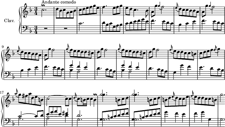\version "2.18.2"
\header {
tagline = ##f
% composer = "Domenico Scarlatti"
% opus = "K. 437"
% meter = "Allegro"
}
%% les petites notes
trillcbp = { \tag #'print { c2.\prall } \tag #'midi { d32 c d c~ c8~ c2 } }
appoGF = { \tag #'print { \appoggiatura g4 f2 } \tag #'midi { g8 f4. } }
trillB = { \tag #'print { b4\prall } \tag #'midi { c32 b c b~ b8 } }
upper = \relative c'' {
\clef treble
\key f \major
\time 3/4
\tempo 4 = 88
\set Staff.midiInstrument = #"harpsichord"
\override TupletBracket.bracket-visibility = ##f
s8*0^\markup{Andante comodo}
\trillcbp | d8 bes c g a bes | c d e f g e | f4. e8 f g | e d c4. bes8 |
% ms. 6
\repeat unfold 2 { a8 g' \appoGF | \appoggiatura e16 d8 c c bes bes a } | a8 g' f2 |
% ms. 11
\repeat unfold 2 { \appoggiatura g16 f8 e e d d cis | d g f2 } | \appoggiatura f16 e8 d d c c b |
% ms. 16
c8 d e f \acciaccatura f8 g4 | \appoggiatura a16 g8 fis a d, e b | c2~ c8 c | \appoggiatura d16 c8 b16 c c4 \trillB |
% ms. 20
\repeat unfold 2 { << { g'2. } \\ { g4. b,8 c d } >> } | b8 d \appoggiatura e16 d8 c c e | \appoggiatura f16 e8 d d c c b | g'2.*1/4
% ms. 25
}
lower = \relative c' {
\clef bass
\key f \major
\time 3/4
\set Staff.midiInstrument = #"harpsichord"
\override TupletBracket.bracket-visibility = ##f
% ************************************** \appoggiatura a16 \repeat unfold 2 { } \times 2/3 { } \omit TupletNumber
R2.*2 | c2. | d8 bes c g a bes | c d e f g e |
% ms. 6
\repeat unfold 2 { f4. e8 d c | bes4 c e } | f4. e8 d c
% ms. 11
\repeat unfold 2 { << { g'4 f e } \\ { bes4 a2 } >> d4. c8 bes a } | g4 g' f |
% ms. 16
e4. d8 c bes | << { c2~ c8 d | e g a e fis4 | d2. } \\ { a2. | a2 d4 | g,2. } >> |
% ms. 20
\repeat unfold 2 { << { g8 b c d e f } \\ { g,2. } >> } | g'4 f e | f g g, | g2.*1/4
% ms. 25
}
thePianoStaff = \new PianoStaff <<
\set PianoStaff.instrumentName = #"Clav."
\new Staff = "upper" \upper
\new Staff = "lower" \lower
>>
\score {
\keepWithTag #'print \thePianoStaff
\layout {
#(layout-set-staff-size 17)
\context {
\Score
\override SpacingSpanner.common-shortest-duration = #(ly:make-moment 1/2)
\remove "Metronome_mark_engraver"
}
}
}
\score {
\keepWithTag #'midi \thePianoStaff
\midi { }
}