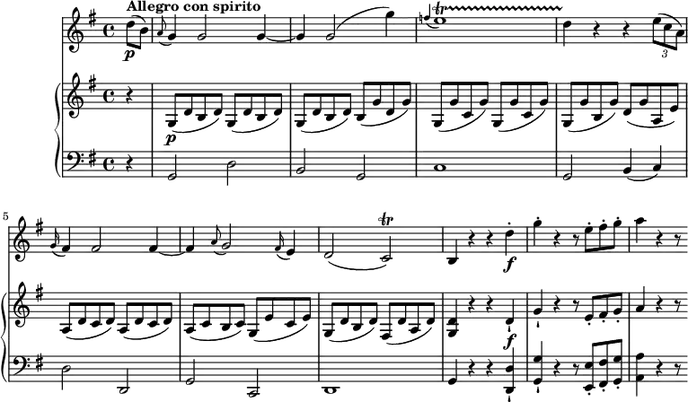 
\version "2.18.2"
\header {
  tagline = ##f
}
upper = \relative c'' {
                 \key g \major
                 \time 4/4
                 \tempo 4 = 140
                 \set Staff.midiMinimumVolume = #0.2 \set Staff.midiMaximumVolume = #0.5
               \partial 4 r4 g,8\p (d' b d)  \repeat unfold 2 { g, (d' b d)}
               b (g' d g) g, ( g' c, g') g, ( g' c, g') g, ( g' b, g') d ( g a, e')
               a, ( d c d) a ( d c d) a (c b c) g ( e' c e) g, ( d' b d) fis, ( d' a d) 
               <g, d'>4 r r d'-!\f g-! r r8 e-. fis-. g-. a4 r r8
            }
lower =      \relative c {
                \clef bass 
                \key g \major
                \time 4/4       
           \partial 4  r4 g2 d' b g c1 g2 b4 (c)
           d2 d, g c, d1  g4 r r <d-! d'> <g-! g'> r r8 <e-. e'> <fis-. fis'> <g-. g'> <a a'>4 r r8
             }
 vl = \relative c'' {
              \key g \major
              \time 4/4
           \partial 4 d8\p ^ \markup {\bold {"Allegro con spirito"} } (b)
           \grace a8 (g4) g2 g4 ~ g g2 (g'4)
           \grace f4 (e1)\startTrillSpan  d4 \stopTrillSpan r r \tuplet 3/2 {e8 (c a)}
           \grace g16 (fis4) fis2 fis4 ~ fis \grace a8 (g2) \grace fis16 (e4) d2 (c \trill)
           b4 r r d'-.\f g-. r r8 e-. fis-. g-. a4 r r8
                 }            
\score {
    \new GrandStaff <<
      \new PianoStaff <<  
        \new Staff = "upper" \upper
        \new Staff = "lower" \lower
    >>
   \new Staff = "vl" \vl
    >>
    
    \layout {
    \context {
      \Score
      \remove "Metronome_mark_engraver"
    }
  }
  \midi { }
}
