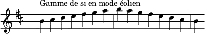 \relative c'' {
\key b \aeolian
\clef treble \time 7/4 \hide Staff.TimeSignature b4^\markup { Gamme de si en mode éolien } cis d e fis g a b a g fis e d cis b
}