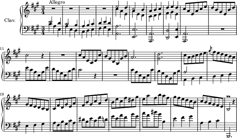 \version "2.18.2"
\header {
tagline = ##f
% composer = "Domenico Scarlatti"
% opus = "K. 500"
% meter = "Allegro"
}
%% les petites notes
trillBb = { \tag #'print { b2\prall } \tag #'midi { cis16 b cis b~ b4 } }
upper = \relative c'' {
\clef treble
\key a \major
\time 3/4
\tempo 4 = 162
s8*0^\markup{Allegro}
R2.*4 | << { e2 d4 | cis2 b4 | a4 b cis | d e d }
\\ { cis4 a e | a e d | cis d e | fis gis e } >>
% ms. 9
cis'8 a e a cis e | d b gis e b' d | cis2 r4 | R2. |
% ms. 13
cis8 a e cis e cis' | b gis d b gis' b | a2. | < gis d' > | cis8 a b cis d e |
% ms. 18
\acciaccatura gis8 fis8 e d cis b a | gis fis e d cis b | cis fis d gis e a | fis b gis cis a d | b e cis fis dis gis |
% ms. 23
e8 a fis b a fis | gis fis e d cis b | cis b a gis fis e | \trillBb r4 |
% ms. 28
% ms. 33
% ms. 38
}
lower = \relative c' {
\clef bass
\key a \major
\time 3/4
% ************************************** \appoggiatura a16 \repeat unfold 2 { } \times 2/3 { } \omit TupletNumber
<< { e2 d4 | cis2 b4 | a4 b cis | d e d }
\\ { cis4 a e | a e d | cis d e | fis gis e } >> |
< a, a' >2. | < e e' >
% ms. 7
< a, a' >2. | < d d' >2 < e e' >4 | < a, a' >2. | R2. | e'''8 cis a e a e' | d b gis e b' d |
% ms. 13
cis2 r4 | R2. | cis8 a e cis e cis' | b gis d b gis' b | << { a2 } \\ { a,4 b cis } >>
% ms. 18
d4 e fis | e fis gis | a8 fis b gis cis a | dis b e cis fis d! | gis e a fis b gis |
% ms. 23
cis8 a dis b b,4 | e fis gis | a, b cis | b,,2.
% ms. 28
% ms. 33
% ms. 38
}
thePianoStaff = \new PianoStaff <<
\set PianoStaff.instrumentName = #"Clav."
\new Staff = "upper" \upper
\new Staff = "lower" \lower
>>
\score {
\keepWithTag #'print \thePianoStaff
\layout {
#(layout-set-staff-size 17)
\context {
\Score
\override TupletBracket.bracket-visibility = ##f
\override SpacingSpanner.common-shortest-duration = #(ly:make-moment 1/2)
\remove "Metronome_mark_engraver"
}
}
}
\score {
\keepWithTag #'midi \thePianoStaff
\midi { \set Staff.midiInstrument = #"harpsichord" }
}