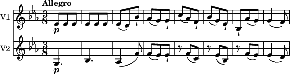<<
\new Staff \with { instrumentName = #"V1 "}
\relative c'' {
\version "2.18.2"
\key ees \major
\tempo "Allegro"
\time 3/8
ees,8\p ees ees
ees ees ees
ees (d) bes'-!
aes8 (g) g-!
c8 (aes) f-! bes (g) ees-!
bes-! aes' (g) g4 (f8)
}
\new Staff \with { instrumentName = #"V2 "}
\relative c'' {
\key ees \major
\time 3/8
g,4.\p bes aes4 (f'8)
f (ees) ees-!
r8 f (c)
r8 ees (bes)
r8 f' (ees)
ees4 (d8)
}
>>