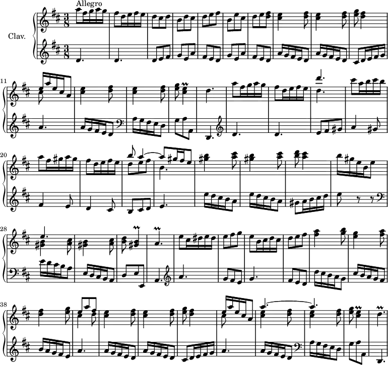 
\version "2.18.2"
\header {
  tagline = ##f
  % composer = "Domenico Scarlatti"
  % opus = "K. 288"
  % meter = "Allegro"
}

%% les petites notes
trillCisE       = { \tag #'print { < cis e >4\prall } \tag #'midi { << { cis4 } \\ { fis32 e fis e~ e8 } >> } }
trillGisB       = { \tag #'print { < gis b >4\prall } \tag #'midi { << { gis4 } \\ { cis32 b cis b~ b8 } >> } }
trillAp         = { \tag #'print { a4.\prall } \tag #'midi { b32 a b a~ a4 } }
trillDp         = { \tag #'print { d4.\prall } \tag #'midi { e32 d e d~ d4 } }

upper = \relative c'' {
  \clef treble 
  \key d \major
  \time 3/8
  \tempo 4. = 72
  \set Staff.midiInstrument = #"reed organ"
  \override TupletBracket.bracket-visibility = ##f

      s8*0^\markup{Allegro}
      a'8 fis16 g a g | fis8 d16 e fis e | d8 cis d | b d cis | d e fis | b, e cis |
      % ms. 7
      d8 e < d fis > | \repeat unfold 2 { < cis e >4 < d fis >8 } | < e g >8 < d fis >4 | << { e16 a e cis a8 } \\ { cis8 } >> | \repeat unfold 2 { < cis e >4 < d fis >8 } |
      % ms. 14
      < e g >8 \trillCisE d4. | a'8 fis16 g a g | fis8 d16 e fis e | << { d'4. } \\ { d,4. } >> | cis'8 a16 b cis b | 
      % ms. 20
      a8 fis16 gis a gis | fis8 d16 e fis e | << { b'8 a4~ | a8 gis16 fis e8 } \\ { d8 e fis | b,4. } >> \repeat unfold 2 { < gis' b >4 < a cis >8 } |
      % ms. 26
      < b d >8 < a cis >4 | b16 gis e b e8 | << { e4.~ |  } \\ { \repeat unfold 2 { < gis, b >4 < a cis >8 } } >> < b d >8 \trillGisB | \trillAp
      % ms. 32
      e'8 cis16 dis e dis | e8 fis g | e b16 cis d cis | d8 e fis | < fis a >4 < g b >8 | < e g >4 < fis a >8
      % ms. 38
      < d fis >4 < e g >8 | << { e8 a fis } \\ { cis4 d8 } >> | \repeat unfold 2 { < cis e >4 < d fis >8 } | < e g >8 < d fis >4 | << { e16 a e cis a8 a'4.~ a } \\ { cis,8 s4 | \repeat unfold 2 { < cis e >4 < d fis >8 } } >> |
      % ms. 46
      < e g >8 \trillCisE | \trillDp

}

lower = \relative c' {
  \clef bass
  \key d \major
  \time 3/8
  \set Staff.midiInstrument = #"flute"
  \override TupletBracket.bracket-visibility = ##f

    % ************************************** \appoggiatura a16  \repeat unfold 2 {  } \times 2/3 { }   \omit TupletNumber 
        \clef treble  d4. d | d8 e fis | \repeat unfold 2 { g e a | fis e d } | 
      % ms. 8
      \repeat unfold 2 { a'16 g fis e d8 } | cis8 d16 e fis g | a4. | a16 g fis e d8 |   \clef bass
      % ms. 13
      a16 g fis e d8 | g8 a a, | d,4. |  \clef treble  d''4. d | e8 fis gis | a4 gis8 |
      % ms. 20
      fis4 e8 | d4 cis8 | b8 cis d | e4. | \repeat unfold 2 { e'16 d cis b a8 } |
      % ms. 26
      gis8 a16 b cis d | e8 r8 r8 |   \clef bass e,16 d cis b a8 | e16 d cis b a8 | d8 e e, | a4. |  \clef treble
      % ms. 32
      a''4. | g8 fis e | g4. | fis8 e d | d'16 cis b a g8 | cis16 b a g fis8 | 
      % ms. 38
      b16 a g fis e8 | a4. | \repeat unfold 2 { a16 g fis e d8 } | cis8 d16 e fis g | a 4. | 
      % ms. 44
      a16 g fis e d8 | \clef bass a16 g fis e d8 | g8 a a, | d,4. |

}

thePianoStaff = \new PianoStaff <<
    \set PianoStaff.instrumentName = #"Clav."
    \new Staff = "upper" \upper
    \new Staff = "lower" \lower
  >>

\score {
  \keepWithTag #'print \thePianoStaff
  \layout {
      #(layout-set-staff-size 17)
    \context {
      \Score
     \override SpacingSpanner.common-shortest-duration = #(ly:make-moment 1/2)
      \remove "Metronome_mark_engraver"
    }
  }
}

\score {
  \keepWithTag #'midi \thePianoStaff
  \midi { }
}
