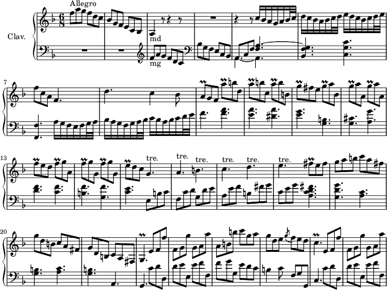 \version "2.18.2"
\header {
tagline = ##f
}
%% les petites notes
trillAq = { \tag #'print { a8\prall } \tag #'midi { bes32 a bes a } }
trillAqUp = { \tag #'print { a'8\prall } \tag #'midi { b32 a b a } }
trillGq = { \tag #'print { g8\prall } \tag #'midi { a32 g a g } }
trillGqUp = { \tag #'print { g'8\prall } \tag #'midi { a32 g a g } }
trillFq = { \tag #'print { f8\prall } \tag #'midi { g32 f g f } }
trillFqUp = { \tag #'print { f'8\prall } \tag #'midi { g32 f g f } }
trillFisq = { \tag #'print { fis8\prall } \tag #'midi { g32 fis g fis } }
trillEqUp = { \tag #'print { e'8\prall } \tag #'midi { f32 e f e } }
trillGpTre = { \tag #'print { g4.^\markup{tre.} } \tag #'midi { \repeat unfold 4 { a32 g~ } g8 } }
trillApTre = { \tag #'print { a4.^\markup{tre.} } \tag #'midi { \repeat unfold 4 { b32 a~ } a8 } }
trillBpTre = { \tag #'print { b4.^\markup{tre.} } \tag #'midi { \repeat unfold 4 { c32 b~ } b8 } }
trillCpTre = { \tag #'print { c4.^\markup{tre.} } \tag #'midi { \repeat unfold 4 { d32 c~ } c8 } }
trillDpTre = { \tag #'print { d4.^\markup{tre.} } \tag #'midi { \repeat unfold 4 { e32 d~ } d8 } }
trillEpTre = { \tag #'print { e4.^\markup{tre.} } \tag #'midi { \repeat unfold 4 { f32 e~ } e8 } }
trillGp = { \tag #'print { g4.\prall } \tag #'midi { a32 g a g~ \tempo 4. = 45 g4 } }
trillCp = { \tag #'print { c4.\prall } \tag #'midi { d32 c d c~ \tempo 4. = 45 c4 } }
upper = \relative c'' {
\clef treble
\key f \major
\time 6/8
\tempo 4. = 76
\set Staff.midiInstrument = #"harpsichord"
s16*0^\markup{Allegro}
f8 a g f d c bes g f e c bes a4-\markup{md} r8 r4 r8 | R2. |
% ms. 5
r4 r8 c'16 bes a g a bes32 c | d16 c bes a bes c32 d e16 d c bes c d32 e | f8 c a f4. | d'4. c4 bes8 |
% ms. 9
\trillAq g8 f \trillAqUp b8 d, | \trillAqUp b8 c, \trillAqUp b8 b, | \trillGqUp fis8 e \trillGq a8 bes, | \repeat unfold 2 { \trillGqUp a8 a, } | \trillFqUp e8 d \trillFq g8 a, |
% ms. 14
\repeat unfold 2 { \trillFqUp g8 g, } | \trillEqUp d8 c \trillGpTre | \trillApTre \trillBpTre \trillCpTre \trillDpTre \trillEpTre \trillFisq e8 fis |
% ms. 19
g8 a b c a fis | g d b c a fis | g d b c a fis | \trillGp e'8 f f' | f, g g' g, a a' |
% ms. 24
a,8 b b' c g a | g d e \acciaccatura g8 f8 e d | \trillCp e,8 f f' | f, g g' g, a a' |
}
lower = \relative c' {
\clef bass
\key f \major
\time 6/8
\omit Staff.TimeSignature
\set Staff.midiInstrument = #"harpsichord"
% **************************************
R2.*2 | \clef treble f8-\markup{mg} a g f d c \clef bass bes g f e c bes |
% ms. 5
<< { a8 c f < f a >4.~ | < bes, f' g > } \\ { \mergeDifferentlyDottedOn a4.~ a } >> < c g' c >4. | < f, f' >4. a'16 g f e f g32 a | bes16 a g f g a32 bes c16 bes a bes c d32 e |
% ms. 9
f4. < f a >4. | < e a > < dis a' > | < e g > < b g > | < cis g > < a g' > | < d f > < c f > |
% ms. 14
< b f' > < g f' > | < c e > e,8 b' c | f, c' d g, d' e | a, e' f b, fis' g | c, e g < a, c d fis >4.
% ms. 19
< g d' g >4. \repeat unfold 2 { < a c > | < g b > } a,4. | g4. \tempo 4. = 76 c'8 d d, | d' e e, e' f f, |
% ms. 24
f'8 g g, e' d c | b4 c8 | f, g g, | c4. \tempo 4. = 76 c'8 d d, | d' e e, e' f f, |
}
thePianoStaff = \new PianoStaff <<
\set PianoStaff.instrumentName = #"Clav."
\new Staff = "upper" \upper
\new Staff = "lower" \lower
>>
\score {
\keepWithTag #'print \thePianoStaff
\layout {
#(layout-set-staff-size 17)
\context {
\Score
\override SpacingSpanner.common-shortest-duration = #(ly:make-moment 1/2)
\remove "Metronome_mark_engraver"
}
}
}
\score {
\keepWithTag #'midi \thePianoStaff
\midi { }
}