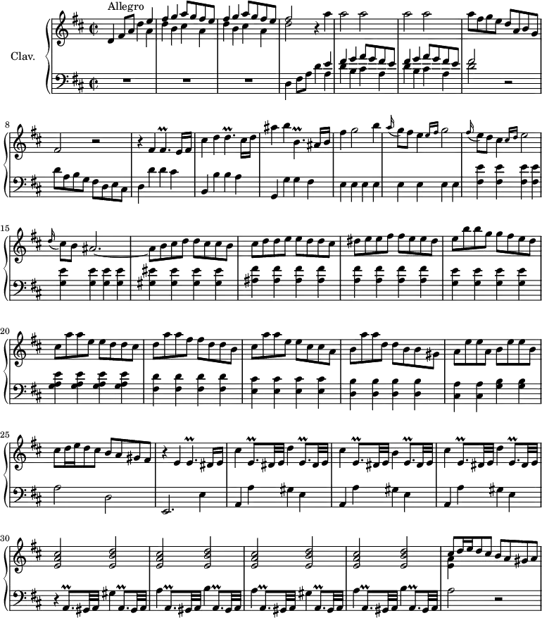 \version "2.18.2"
\header {
tagline = ##f
% composer = "Domenico Scarlatti"
% opus = "K. 312"
% meter = "Allegro"
}
%% les petites notes
trillFisp = { \tag #'print { fis4.\prall } \tag #'midi { g32 fis g fis~ fis4 } }
trillDp = { \tag #'print { d4.\prall } \tag #'midi { e32 d e d~ d4 } }
trillBpDown = { \tag #'print { b,4.\prall } \tag #'midi { cis32 b cis b~ b4 } }
aTrill = { \tag #'print { a,8.\prall gis32 a } \tag #'midi { b32 a b a~ a16 gis32 a } }
eTrill = { \tag #'print { e,8.\prall dis32 e } \tag #'midi { dis32 e dis e~ e16 dis32 e } }
trillEp = { \tag #'print { e4.\prall } \tag #'midi { fis32 e fis e~ e4 } }
upper = \relative c'' {
\clef treble
\key d \major
\time 2/2
\tempo 2 = 86
\set Staff.midiInstrument = #"harpsichord"
\override TupletBracket.bracket-visibility = ##f
s8*0^\markup{Allegro}
d,4 fis8 a d4 << { e4 } \\ { a,4 } >> \repeat unfold 2 { << { fis'4 g a8 g fis e } \\ { d4 b cis a } >> } | << { fis'2 } \\ { d2 } >> r4 a'4 | \repeat unfold 4 { a2 }|
% ms. 7
a8 fis g e d a b g | fis2 r2 | r4 fis4 \trillFisp e16 fis | cis'4 d \trillDp cis16 d |
% ms. 11
ais'4 b \trillBpDown ais16 b | fis'4 g2 b4 | \appoggiatura a16 g8 fis e4 \grace { \tempo 2 = 60 e16 fis } \tempo 2 = 86 g2 | \appoggiatura fis16 e8 d cis4 \grace { \tempo 2 = 60 cis16 d } \tempo 2 = 86 e2 | \appoggiatura d16 cis8 b ais2.~
% ms. 16
ais8 b cis d d cis cis b | cis d d e e d d cis | dis e e fis fis e e dis | e b' b g g fis e d | cis a' a e e d d cis |
% ms. 21
d8 a' a fis fis d d b | cis a' a e e cis cis a | b a' a d, d b b gis | a e' e a, b e e b |
% ms. 25
cis8 d16 e d8 cis b a gis fis | r4 e4 \trillEp dis16 e | cis'4 \eTrill d'4 \eTrill | cis'4 \eTrill b'4 \eTrill |
% ms. 29
cis'4 \eTrill d'4 \eTrill | \repeat unfold 4 { < e a cis >2 < e b' d > }
% ms. 34
<< { cis'8 d16 e d8 cis b a gis a } \\ { < e a >4 } >>
}
lower = \relative c' {
\clef bass
\key d \major
\time 2/2
\set Staff.midiInstrument = #"harpsichord"
\override TupletBracket.bracket-visibility = ##f
% ************************************** \appoggiatura a16 \repeat unfold 2 { } \times 2/3 { } \omit TupletNumber
R1*3 | d,4 fis8 a d4 << { e4 } \\ { a,4 } >> \repeat unfold 2 { << { fis'4 g a8 g fis e } \\ { d4 b cis a } >> }
% ms. 4
<< { fis'2 } \\ { d2 } >> r2 | d8 a b g fis d e cis | d4 d' d cis | b, b' b a |
% ms. 11
g,4 g' g fis | \repeat unfold 8 { e4 } | \repeat unfold 4 { < fis e' >4 } | \repeat unfold 4 { < g e' >4 } |
% ms. 16
\repeat unfold 4 { < gis eis' >4 } | \repeat unfold 4 { < ais fis' >4 } | \repeat unfold 4 { < a fis' >4 } | \repeat unfold 4 { < g e' >4 } | \repeat unfold 4 { < g a e' >4 } |
% ms. 21
\repeat unfold 4 { < fis d' >4 } | \repeat unfold 4 { < e cis' >4 } | \repeat unfold 4 { < d b' >4 } | < cis a' >4 q < g' b > q
% ms. 25
a2 d, | e,2. e'4 | \repeat unfold 3 { a, a' gis e } |
% ms. 30
r4 \aTrill gis'4 \aTrill | a'4 \aTrill b'4 \aTrill | a'4 \aTrill gis'4 \aTrill |
% ms. 33
a'4 \aTrill b'4 \aTrill | a'2 r2
}
thePianoStaff = \new PianoStaff <<
\set PianoStaff.instrumentName = #"Clav."
\new Staff = "upper" \upper
\new Staff = "lower" \lower
>>
\score {
\keepWithTag #'print \thePianoStaff
\layout {
#(layout-set-staff-size 17)
\context {
\Score
\override SpacingSpanner.common-shortest-duration = #(ly:make-moment 1/2)
\remove "Metronome_mark_engraver"
}
}
}
\score {
\keepWithTag #'midi \thePianoStaff
\midi { }
}