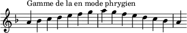 {
\override Score.TimeSignature #'stencil = ##f
\relative c'' {
\key a \phrygian
\clef treble \time 7/4
a4^\markup { Gamme de la en mode phrygien } bes c d e f g a g f e d c bes a
} }