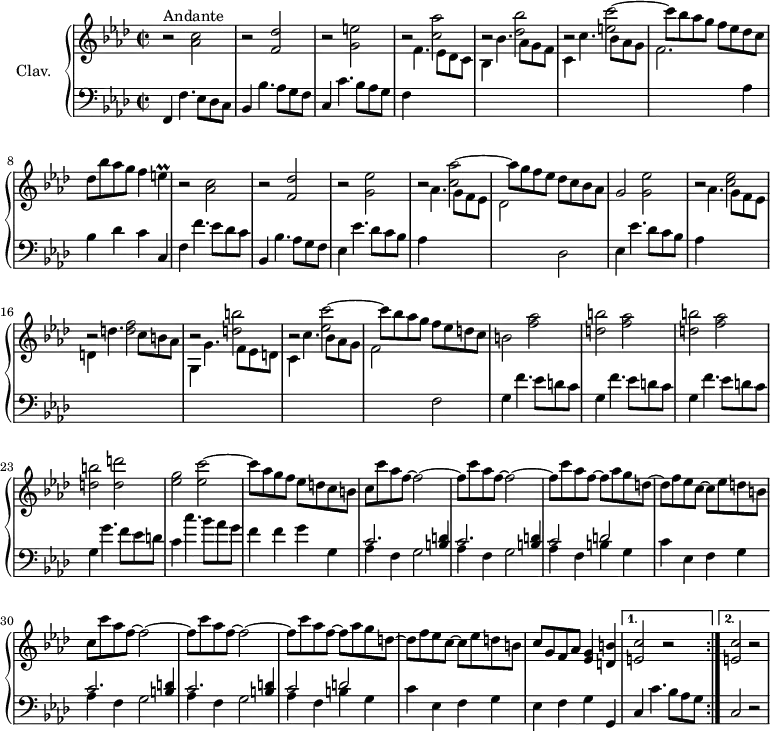 \version "2.18.2"
\header {
tagline = ##f
% composer = "Domenico Scarlatti"
% opus = "K. 185"
% meter = "Andante"
}
%% les petites notes
trillE = { \tag #'print { e4\prall } \tag #'midi { f32 e f e~ e8 } }
upper = \relative c'' {
\clef treble
\key f \minor
\time 2/2
\tempo 2 = 68
\set Staff.midiInstrument = #"harpsichord"
\override TupletBracket.bracket-visibility = ##f
\repeat volta 2 {
s8*0^\markup{Andante}
r2 < aes c >2 | r2 < f des' >2 | b2\rest < g e' >2 | b2\rest < c aes' >2 | b2\rest < des bes' >2 | b2\rest < e c' >2~ |
% ms. 7
c'8 bes aes g f ees des c | des bes' aes g f4 \trillE | b2\rest < aes c >2 | b2\rest < f des' >2 | b2\rest < g ees' >2 | b2\rest < c aes' >2~ |
% ms. 13
aes'8 g f ees des c bes aes | g2 < g ees' > | b2\rest < c ees > | b2\rest < d f > | b2\rest < d b' > | b2\rest < ees c' >~ |
% ms. 19
c'8 bes aes g f ees d c | b2 \repeat unfold 3 { < f' aes > | < d b' > } < d d' > | < ees g > < ees c' >~
% ms. 25
c'8 aes g f ees d c b | \repeat unfold 2 { c c' aes f~ f2~ | f8 c' aes f~ f2~ | f8 c' aes f~ f aes g d~ | d f ees c~ c ees d b }
% ms. 34
c8 g f aes < ees g >4 < d b' >
}%repet
\alternative {
{ < e c' >2 r2 }
{ < e c' >2 r2 }
}
% ms. 37
}
lower = \relative c' {
\clef bass
\key f \minor
\time 2/2
\set Staff.midiInstrument = #"harpsichord"
\override TupletBracket.bracket-visibility = ##f
\repeat volta 2 {
% ************************************** \appoggiatura a16 \repeat unfold 2 { } \times 2/3 { } \omit TupletNumber
f,,4 f'4. ees8 des c | bes4 bes'4. aes8 g f | c4 c'4. bes8 aes g | f4 \stemDown \change Staff = "upper" f'4. ees8 des c | bes4 bes'4. aes8 g f | c4 c'4. bes8 aes g |
% ms. 7
f2. \stemNeutral \change Staff = "lower" aes,4 | bes des c c, | f f'4. ees8 des c | bes,4 bes'4. aes8 g f | ees4 ees'4. des8 c bes | aes4 \stemDown \change Staff = "upper" aes'4. g8 f ees |
% ms. 13
des2 \stemNeutral \change Staff = "lower" des, | ees4 ees'4. des8 c bes | aes4 \stemDown \change Staff = "upper" aes'4. g8 f ees | d4 d'4. c8 b aes | g,4 g'4. f8 ees d | c4 c'4. bes8 aes g |
% ms. 19
f2 \stemNeutral \change Staff = "lower" f, | \repeat unfold 3 { g4 f'4. ees8 d c } | g4 g'4. f8 ees d | c4 c'4. bes8 aes g |
% ms. 25
f4 f g g, | \repeat unfold 2 { \repeat unfold 2 { << { c2. < b d >4 } \\ { aes4 f g2 } >> } | << { c2 d } \\ { aes4 f b g } >> c4 ees, f g }
% ms. 34
ees4 f g g,
}%repet
\alternative {
{ c c'4. bes8 aes g }
{ c,2 r2 }
}
% ms. 37
}
thePianoStaff = \new PianoStaff <<
\set PianoStaff.instrumentName = #"Clav."
\new Staff = "upper" \upper
\new Staff = "lower" \lower
>>
\score {
\keepWithTag #'print \thePianoStaff
\layout {
#(layout-set-staff-size 17)
\context {
\Score
\override SpacingSpanner.common-shortest-duration = #(ly:make-moment 1/2)
\remove "Metronome_mark_engraver"
}
}
}
\score {
\unfoldRepeats
\keepWithTag #'midi \thePianoStaff
\midi { }
}