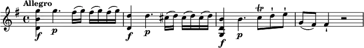 \relative c' {
\version "2.18.2"
\key g \major
\time 4/4
\tempo "Allegro"
\tempo 4 = 130
<d b' g'>4\f g'4.\p fis16 (g) fis16 (g) fis16 (g) <d, d'>4\f d'4.\p cis16 (d) cis16 (d) cis16 (d) <g,, d' b'>4\f b'4.\p c8 \trill d-! e-! g, (fis) fis4-! r2}