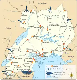 Carte de l'Ouganda montrant les différents lieux des batailles de la guerre ougando-tanzanienne.