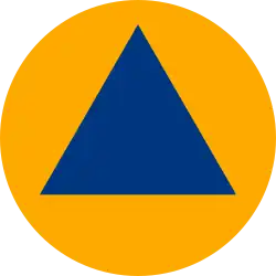 Signe distinctif international de la protection civile représenté par un triangle équilatéral bleu sur fond orange.