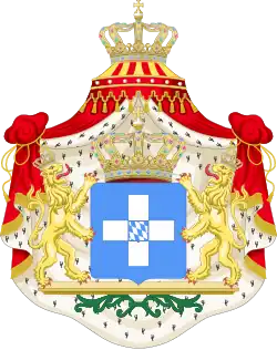 Écu bleu avec une croix blanche ayant en son centre une sorte de damier bleu et blanc. Entouré de deux lions, il est surmonté d'une couronne et possède, en arrière-plan, un manteau de pourpre et d'hermine.
