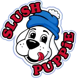 Dessin de la tête d'un chiot blanc avec un bonnet bleu se léchant les babines, entouré de « Slush Puppie » en lettres rouges.