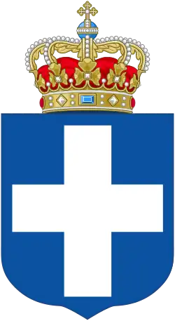 Écu bleu avec une croix blanche, surmonté d'une couronne.