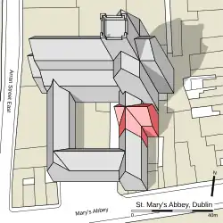 Plan cadastral sur lequel est superposé une vue axonométrique d'abbaye