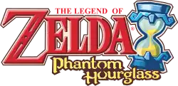 The Legend of Zelda Phantom Hourglass est écrit en couleur rouge et or, tandis qu'un sablier bleu contenant du sable est situé à côté du titre.