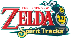 The Legend of Zelda: Spirit Tracks est écrit en lettres rouges et jaunes. Une locomotive à vapeur se distingue dans le fond.