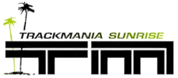 TrackMania Sunrise est écrit en lettres noires et vertes avec deux cocotiers sur la gauche, ainsi que les lettres T et M en dessous.