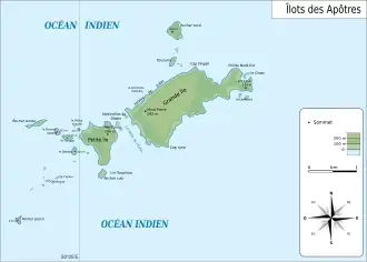 Carte des îlots des Apôtres avec le mont Pierre dans la partie Ouest de Grande île.