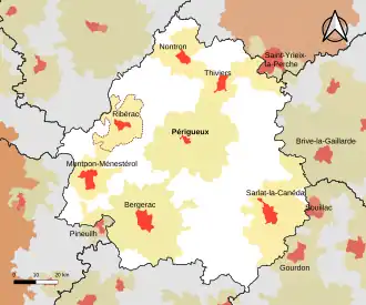 Localisation de l'aire d'attraction de Ribérac dans le département de la Dordogne