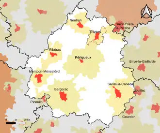 Localisation de l'aire d'attraction de Thiviers dans le département de la Dordogne