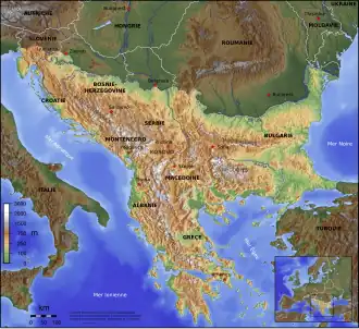 Carte topographique de la péninsule des Balkans.