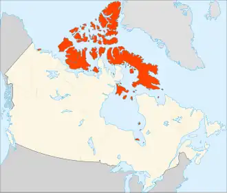 L'archipel Arctique (rouge) sur une carte du Canada.