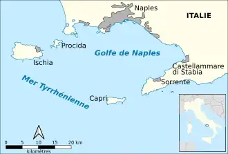 Carte du golfe de Naples avec la péninsule de Sorrente (en bas à droite).
