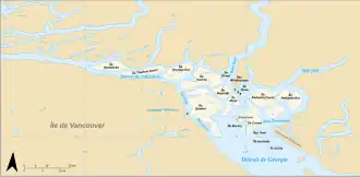 Carte des îles Discovery avec l'île Raza au centre.