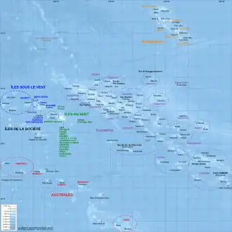 Les Tuamotu (au milieu et en violet) sur la carte de la Polynésie française