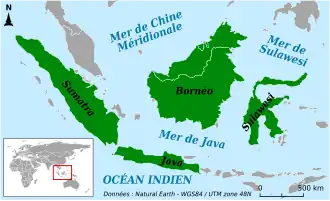 Carte de localisation des grandes îles de la Sonde (en vert).