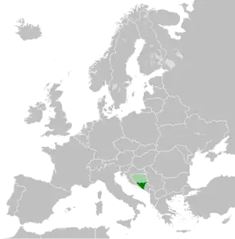 La Bosnie (vert clair) et l'Herzégovine (vert foncé) à l'échelle de l'Europe.