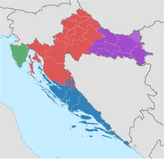 Carte des régions historiques de Croatie ; la Croatie centrale en rouge.