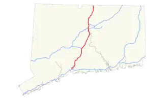 Le parcours de l'Interstate 91 dans le centre du Connecticut, le tracé de l'autoroute en rouge.