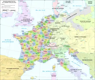 Carte de l'Empire français en 1812, présentant la division en 134 départements.