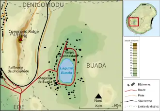 Carte de Nauru avec le Command Ridge au sud-ouest de l'île entre la lagune Buada et la côte.