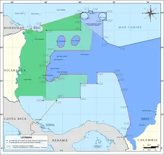 Délimitation de la frontière entre la Colombie et le Nicaragua, selon le jugement de la Cour internationale de justice. Les zones en question : ██ Zone colombienne ██ Zone de régime commun Colombie-Jamaïque ██ Zone anciennement colombienne qui échoit au Nicaragua selon la CIJ ██ Zone nicaraguayenne