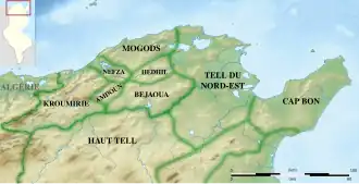 Carte des régions naturelles du Nord de la Tunisie.